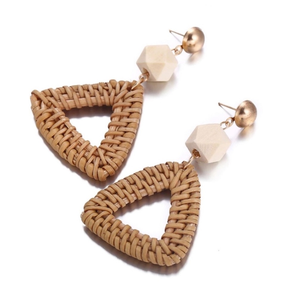 Woven Rattan Wooden Geometric Gold Post Earrings
